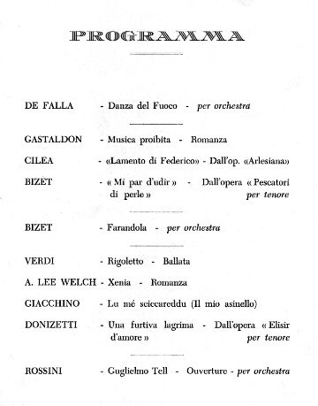 Programme of the lyric concert, the evening before the arrival of the Andrea Doria in New York